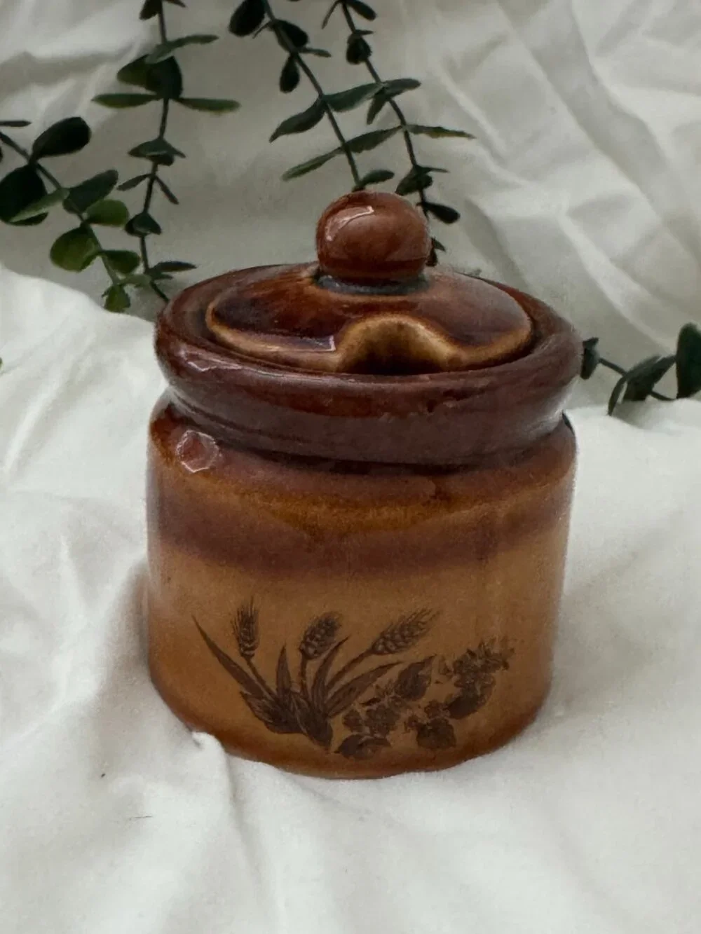 Vintage 1970s Brown Drip Glaze Ceramic Jam Pot / Sugar Crock with Lid